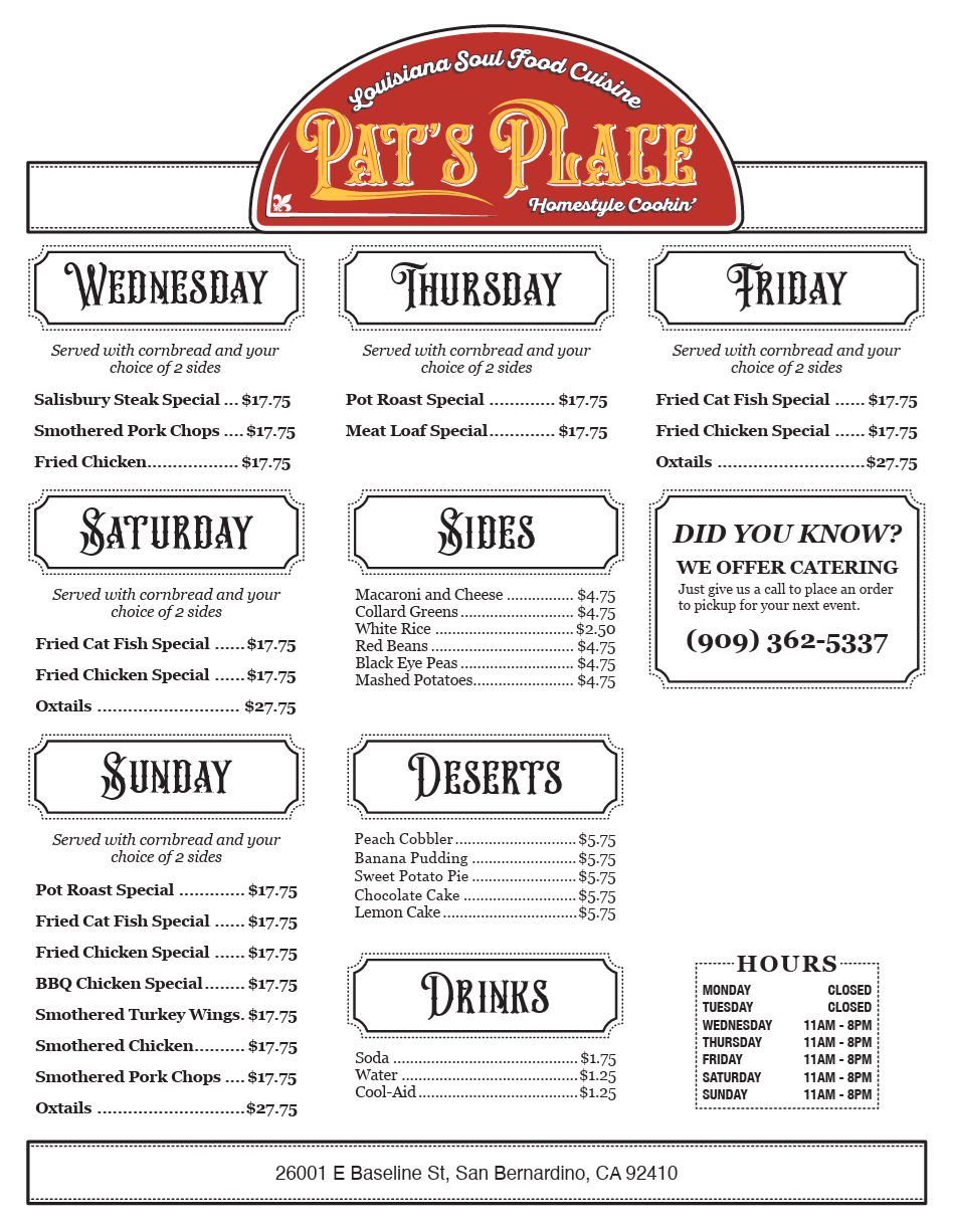 Pat’s Place Full Menu